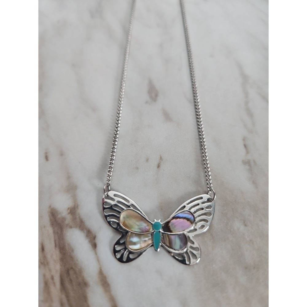 Vintage Artistry Butterfly Abalone Inlaid Wings Silver Tone Necklace 16" Signed